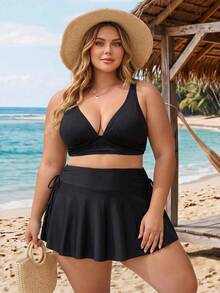 SHEIN CURVE+ 大尺碼女款夏季海灘度假抽繩抓皺扭轉式坦基尼裙 - 黑色 - 查看 5