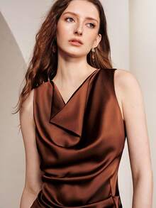 SHEIN Zanirela Femmeiva 2026 Summer New Women's Brown Satin Mock Neck Mini Dress, Sleeveless Draped Neckline Lace Trim Hem, Elegant Sexy Y2K Style Party Wear, Going Out Dress, High-End Commuter Outfit, Comfortable Silky Satin Fabric, Modern Urban Casual Business Style, Elegant Date, Vacation Beach Outfit, Women's Fashion Dress And Gown, Elegant Dresses For Party, Elegant Dresses For Women - Brown - View 6