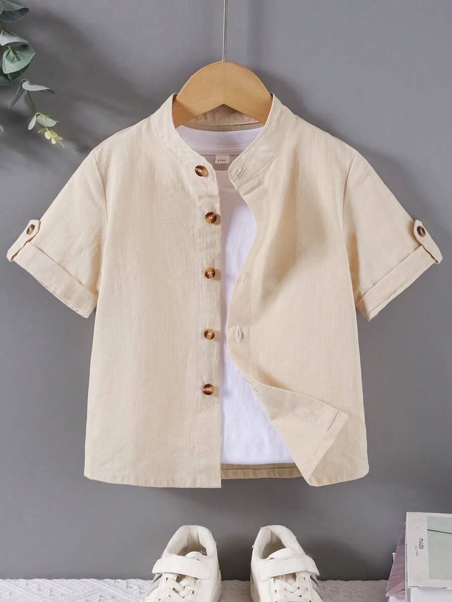 Souflis Souflis Young Boys Short Sleeve Cotton Button Down Shirt, Mandarin Collar Roll Cuff Casual Linen Look Top For Kids Casual Summer Blouse Summer Top