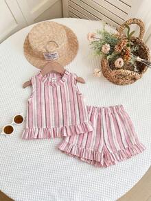 LMoss Kids Set de 2 piezas de chaleco y pantalones cortos de punto de unicolor con cuello redondo y ribete de volantes para bebé niña - Multicolor - Ver 8