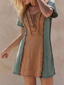 Bohemela Casual Knit Patchwork V-Neck Short Sleeve Mini Dress For Women,Summer Dresses For Women - Green - View 1