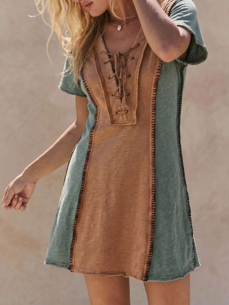 Bohemela Casual Knit Patchwork V-Neck Short Sleeve Mini Dress For Women,Summer Dresses For Women - Green - View 1