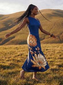 CAJUNI Elegant Sexy Long Summer Dress, One-Shoulder, With Floral Print, Boho Chic Golf Pastal - Navy Blue - View 4
