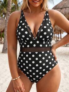 Swim Lushoire Lässiger Urlaubs-Minimalist Einteiliger Badeanzug mit Schwarz-Weiß Punktemuster und Mesh-Einsätzen in Große Größen - Schwarz und Weiss - Übersicht 1