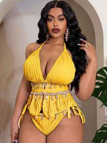 Slaydiva Bộ bikini 2 mảnh nữ size lớn 2026 mới, màu trắng, dệt jacquard, cổ yếm, có dây rút, quần buộc bên hông trang trí vỏ sò - Màu vàng - Xem 3