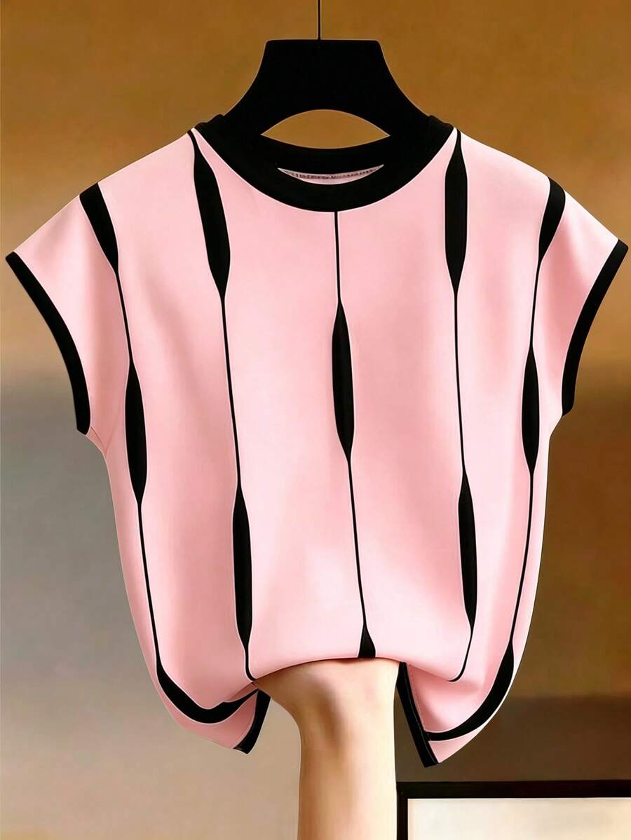 Franclia Blusa de cuello redondo de manga corta con rayas asimétricas para mujer, minimalista y versátil - Rosa - Ver 1