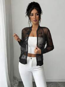 SHEIN Elenzya Áo khoác nữ cổ đứng thêu lưới, chất liệu nhẹ. - màu đen - Xem 3
