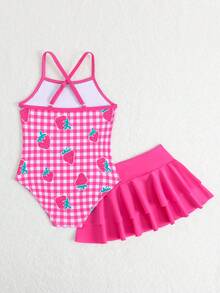 SHEIN Young Girl Strawberry & Plaid Print Spaghetti Strap One-Piece Swimsuit With Solid Color Mini Skirt Set - Hot Pink - View 2
