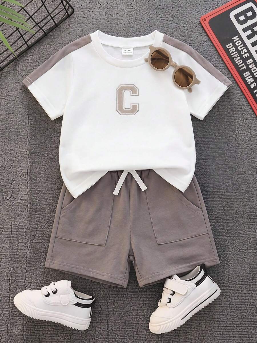 2pcs/Set Baby Boy Summer Casual Korean Style Color Block Top T-Shirt And Shorts Set, Cute Outfit - Multicolor - View 1