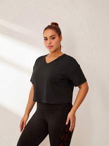 Easithlete Große Größen einfarbiges Raglan-Ärmel Kurz-Sport T-Shirt Gym Top Slim Fit Shirt Sport Weste - Schwarz - Übersicht 2