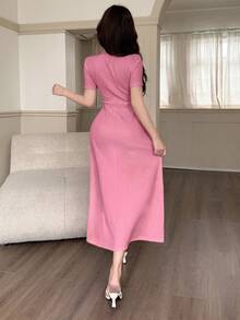 Feyla 女士优雅立领短袖纯色连衣裙，日常穿着 - 淺粉色 - 查看 5