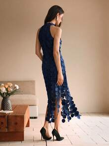 Anewsta Elegant Party & Beach Vacation Sleeveless Round Disc Tassel Mini Dress, High-End Exquisite Navy Blue - Navy Blue - View 2