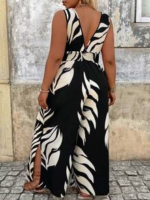 SHEIN CURVE+ 春夏秋度假風休閒黑色大尺碼連身褲 - 黑色 - 查看 2