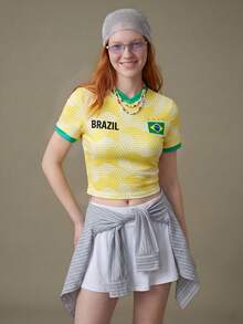 Elnivra 2026年足球世界盃巴西足球球衣風格女款短版T恤，復古印花足球球迷上衣，巴西隊支持者，適用於美國–加拿大–墨西哥 - 黃色 - 查看 7
