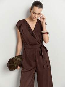 Aalyst Women's Coffee Brown Summer Elegant Brunch Party V-Neck Cinched Waist Bowknot Zipper Side Pocket Crossed Neckline Wide Leg Pants, Textured Fabric - Coffee Brown - View 6