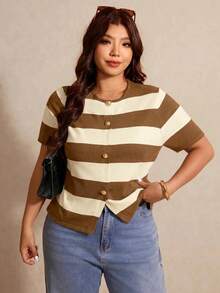 Elaquor Plus Size Women Striped Short Sleeve Single-Breasted Knit Cardigan - Multicolor - View 6