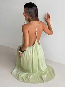 Aloruh Women's Solid Color Backless Spaghetti Strap Dress, Vacation - Green - View 5