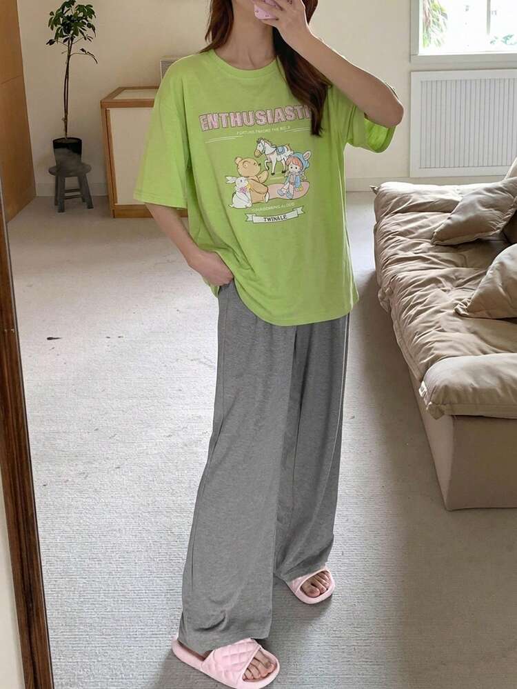 Cute Cartoon Print Loose Pajama Set
