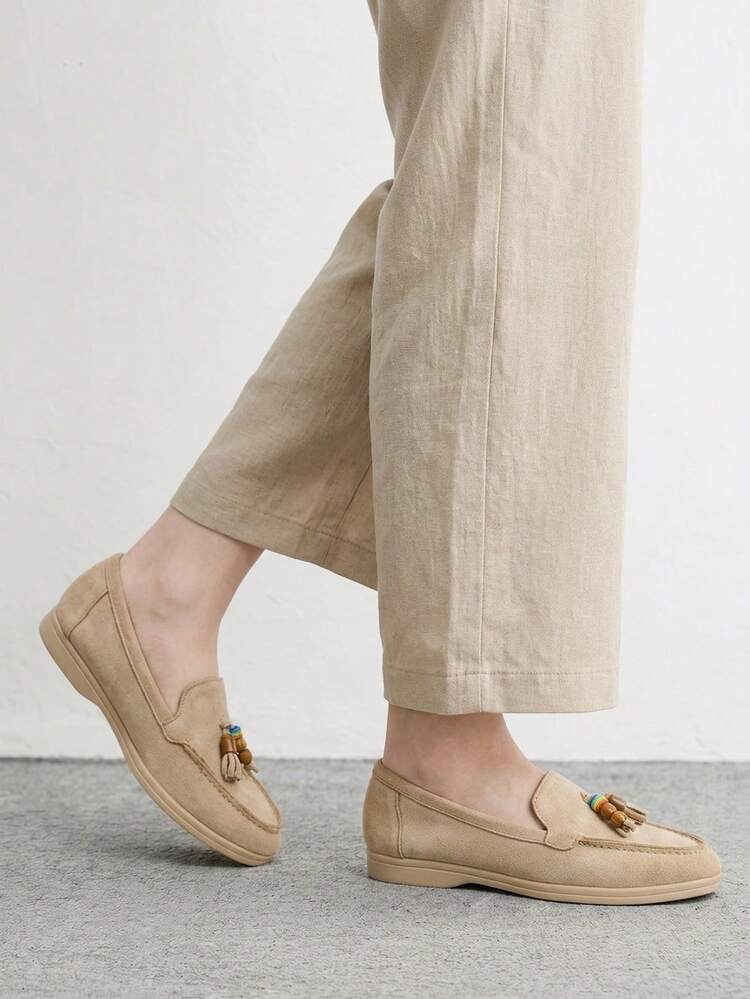 CUCCOO BIZCHIC Fashion Apricot Suede Retro Beads Comfortable Commuter Women's Flat Loafers Women's Flat Shoes Suitable For Outdoor Vacation Shopping To Work Daily Versatile Flat Women's Shoes