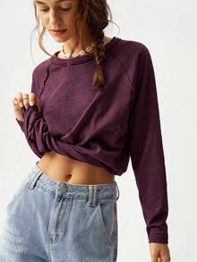 Bohemela Camiseta holgada de mujer de manga raglán de cuello redondo de punto de color liso para vacaciones - Rojo violeta - Ver 8