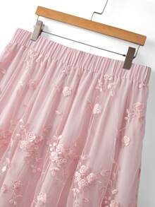 GlowEve CURVE Women's Elegant Sweet Elastic Waist Heavy Embroidered Floral A-Line Skirt, Suitable For Daily, Commute, Date, Party Outfits Fall - Pink - View 3