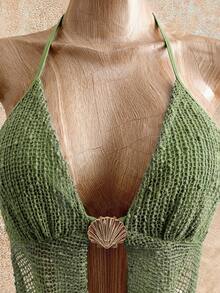 Mistrie Women's Solid Color Halter Backless Twist Drape Fitted Dress Beach Vacation Sage Green Summer Casual - Green - View 4