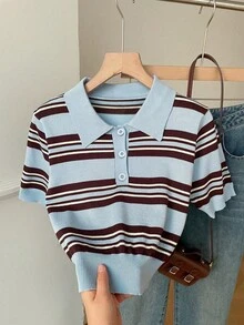 SHEIN EZwear 2件套 女士春夏新款针织条纹Polo领短袖上衣，学院风品牌，多色条纹图案休闲百搭针织衫 - 彩色 - 查看 5