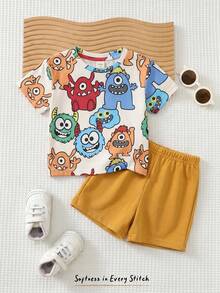 Cozy Pixies 2pcs Baby Boy Cartoon Pattern Knit Soft Round Neck Short Sleeve Top And Elastic Waist Pants Set - Multicolor - View 4