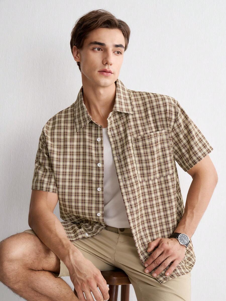 RONVEXI Men's Small Plaid Short Sleeve Shirt, Single Pocket Classic Style, Suitable For Formal Or Casual Occasions, Vacation, Dining, Office, Casual Home Wear, Versatile, Comfortable Fabric Shirt, Great For Self-Wear Or Gift - Multicolor - View 1