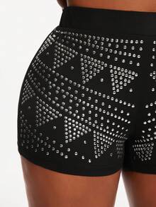SHEIN SXY Plus Size Summer Fashion Rhinestone Embellished Fitted Shorts Date Night Black Sexy - Black - View 6