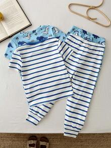 SHEIN 4pcs Young Boy Knit Snug Fit Loungewear Set, Loose Casual Cute Dinosaur Pattern, Suitable For Summer - Multicolor - View 2