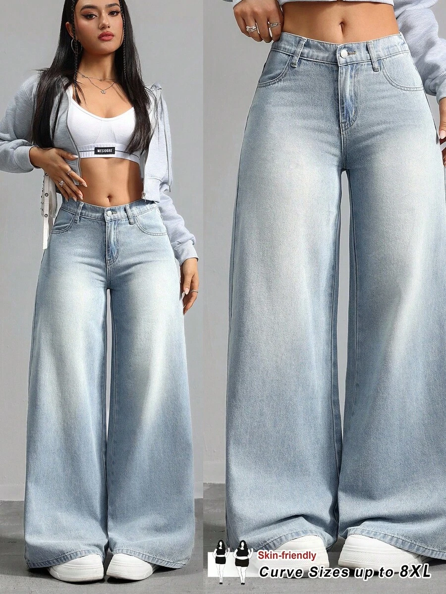 SHEIN CURVE+ 大尺碼女款高腰淺色水洗寬腿牛仔褲,休閒日常與夏季街頭風女褲 - 淺色水洗藍 - 查看 1