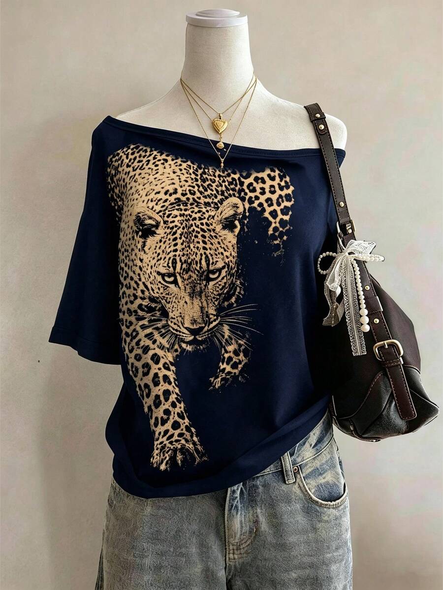 Lalippa Áo thun cổ tròn họa tiết báo tối giản, quà tặng cho bạn bè - Màu xanh hải quân - Xem 1