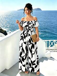 Linhara CURVE Plus Size Floral Print Off-Shoulder Ruffle Jumpsuit - White - View 5