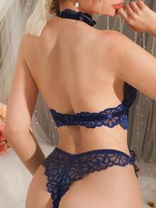 DelicateAllure Women's Lace Backless Halter Sexy Bodysuit - Royal Blue - View 2