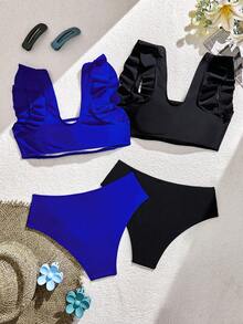 Swim Basics 女士纯色荷叶边比基尼套装，适合海滩度假 - 彩色 - 查看 2