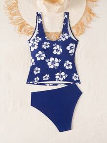 SHEIN Swim 女款花卉印花休閒坦基尼泳裝套裝，適合海邊度假 - 藍色 - 查看 4