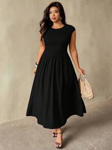 Auralis Plus Size Women Summer Casual Vacation Minimalist Solid Color Shirred Bodice Cinching Waist Dress - Black - View 6
