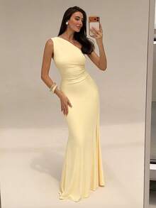 SHEIN Glamour Đầm maxi len dệt hở vai hở lưng đuôi cá gợi cảm, đầm mùa hè nữ, đầm tiệc, đầm đi biển, đầm vàng nhạt, đầm dự tiệc cưới, đầm lãng mạn, đầm mùa hè xu hướng, đầm thời trang, phong cách cô gái mùa hè Miami, đầm đi chơi, đầm hở lưng, đầm trang trọng, đầm sinh nhật, đầm bodycon vàng nhạt - Màu vàng - Xem 6