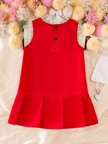 Elladie kids Young Girls Red Summer Party Dress, Plain Sleeveless Round Neck Short Casual Style With Bows And Flounce Hem Everyday Outfits - Red - View 2