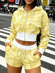 Rovax Fitted Cropped Raglan Hoodie Top + Side Pocket Shorts Set - Yellow - View 1