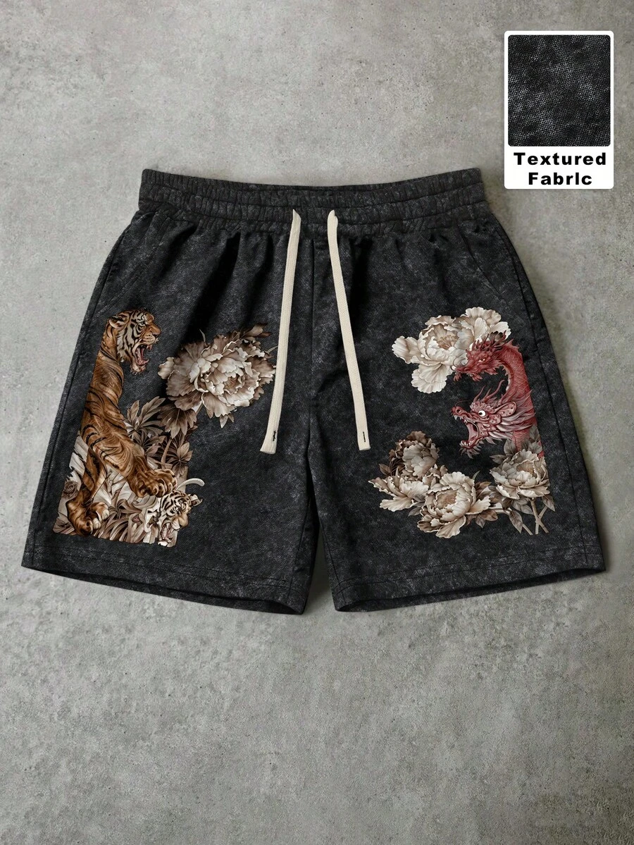 Manfinity EMRG Quần short nam in hình rồng và hổ cổ điển, chất liệu vải sần sùi, phong cách đường phố Gothic, quần short mùa hè thoải mái đi biển, quần short rộng thùng thình kiểu Mỹ Y2K, trang phục dự tiệc âm nhạc. - Nhiều màu - Xem 1