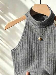 Franclia Women's Solid Color Ribbed Fitted Camisole - Grey - View 3