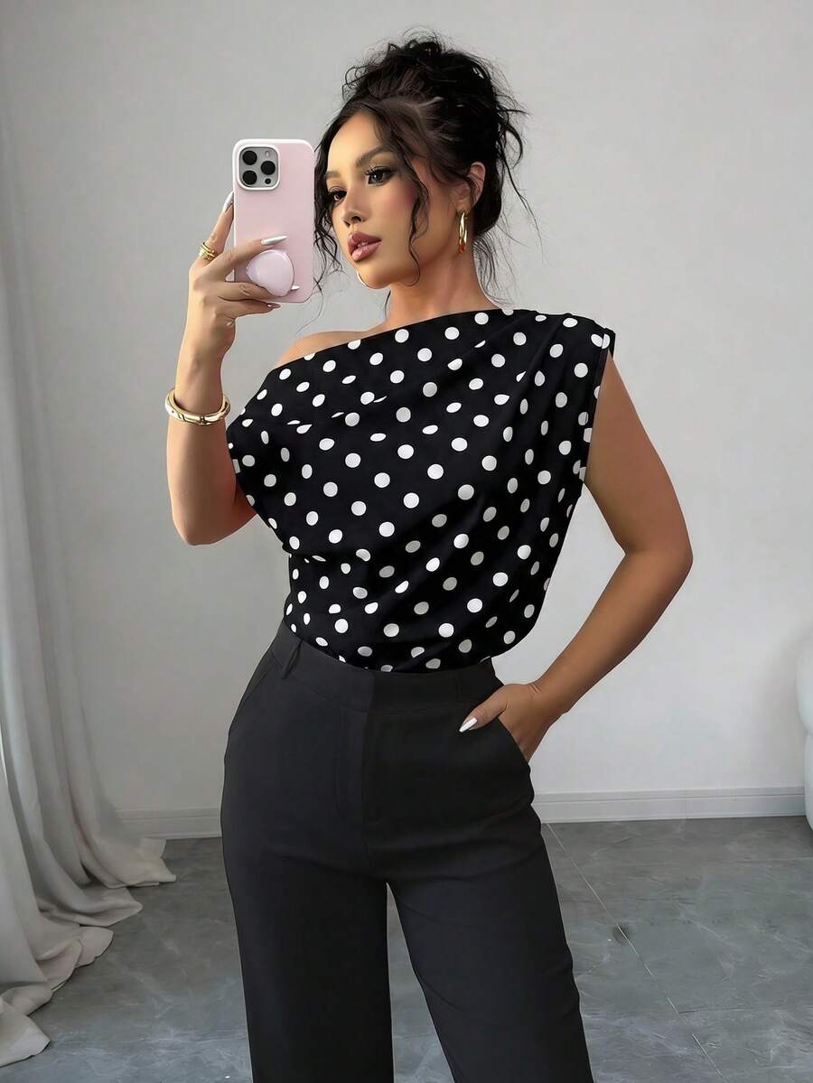 SHEIN Elenzya 波點不對稱肩無袖女式上衣,優雅通勤襯衫 - 黑與白 - 查看 1