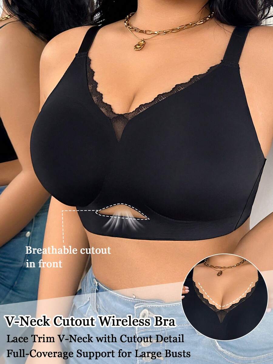 SHEIN Sujetador sin costuras con parches de encaje y escote profundo para tallas grandes - Negro - Ver 1