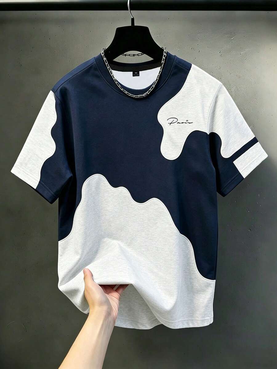 Manfinity Homme Kaos Pria Ukuran Besar dengan Motif Huruf dan Blok Warna, Pakaian Olahraga Kasual Musim Panas yang Modis, untuk Liburan - MultiWarna - View 1