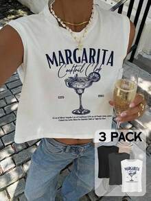 Siren Gaze Bộ đồ nữ thường ngày 3 món (đen + trắng + xám) 100% cotton gồm áo tank top và áo thun in họa tiết cocktail - Phong cách thể thao đa năng, trang phục đi biển mùa hè, nghỉ xuân, đám cưới trên đảo nhiệt đới, kỷ niệm, hoặc làm phù dâu. - màu đen - Xem 1