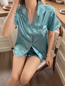 Snug Reverie Set Piyama Wanita Lengan Pendek Berkerah Satin Sutra dengan Bordir dan Rumbai yang Elegan dan Lucu, Warna Teal Turquoise untuk Tidur di Musim Panas - Cadet Blue - View 6