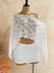 Soleia White Sequin Sheer Asymmetric Shoulder Loose Top + Ruched Waist Floral Skirt, Suitable For Party Beach, Vacation, Music Festival, Bohemian Style Boho - White - View 4