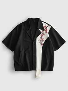 ROMWE MEN Street Life 男士休閒對比色花卉印花鈕扣前短袖襯衫，夏季 - 黑與白 - 查看 1